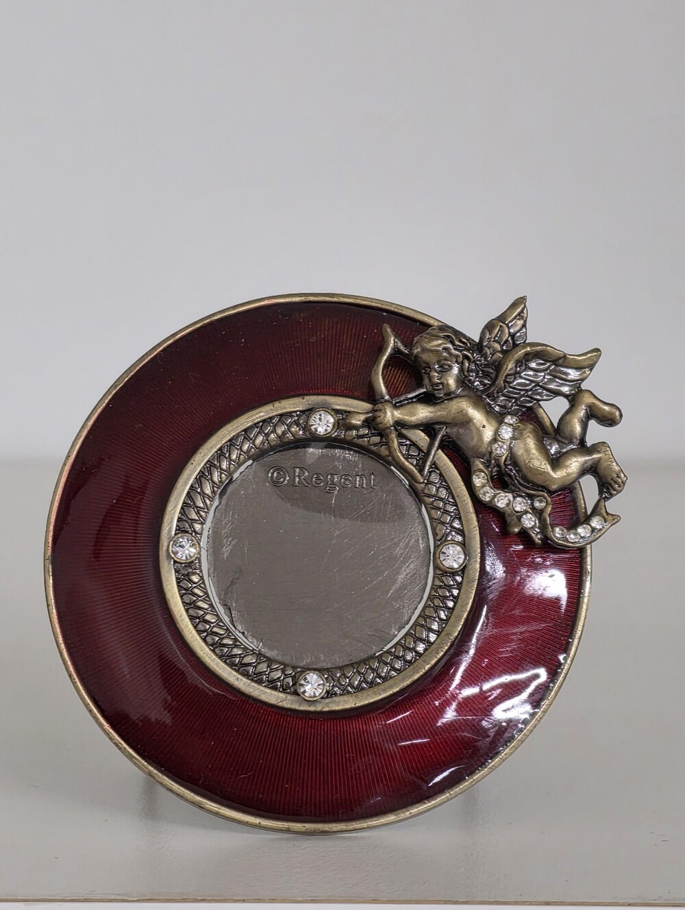 Two’s Company Cupid/Cherub Jeweled Rhinestone Round Picture Mini Photo Frame